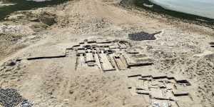 Ruins of a church,centre left,form part of the monastery complex uncovered on Siniyah Island in Umm al-Quwain,UAE.