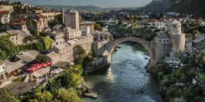 Replica:The Old Bridge of Mostar,built in 1566,was destroyed in 1993. The New Old Bridge,as it is known,was completed in 2004.