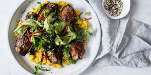 Sweet and creamy corn puree with sticky teriyaki-glazed eggplant.