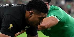 Ardie Savea dives over for a try against Ireland.