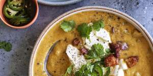 Serve the soup with sour cream,jalapenos and coriander.