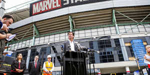 AFL chief executive Gillon McLachlan speaks to the media about the Marvel Stadium redevelopment. 