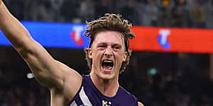 Jye Amiss of the Dockers celebrates a goal.