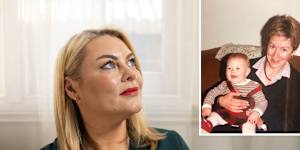 Rebecca Featherstone in 2025,and with her mother,Judy,as one of the world’s first IVF babies. 