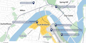 Kurilpa Precinct Master Plan 2023 showing in yellow where developers can lodge applications for very high developments.