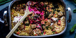 Middle Eastern meatballs with giant cous cous,yoghurt and beetroot.