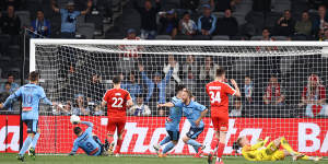 Match winner:Rhys Grant puts Sydney FC ahead in extra time of the A-League grand final.