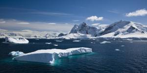 A tabular iceberg floating within Paradise Harbour,Antarctica,in the Southern Ocean.