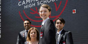 Year 12 HSC students Pratham Gupta,Abigail Botkowski and Chrisovalanti Chindilas,with their year advisor Jenny Perry. This is the first year students are sitting the HSC at Cammeraygal High School.