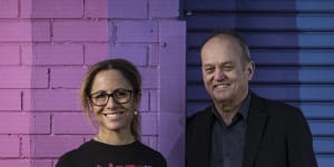 Professor Clare Wright and Adrian Collette,CEO of the Australia Council,in front of artist D.R.E.Z’s work in Melbourne.