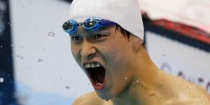 Jubilation:Sun Yang celebrates his 400m freestyle title at London 2012,one of his three Olympic victories.