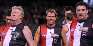 Shane Warne and friends after a legends’ game at Etihad Stadium.