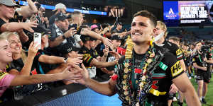 Nathan Cleary wearing his candy lei,which is a symbol of the Panthers’ success on the field.
