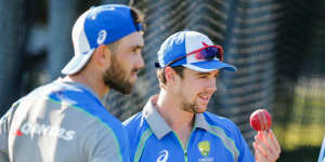 Not touring:Glenn Maxwell and Travis Head at Australia A training in Brisbane on Wednesday.