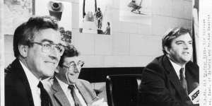 Paul Dibb (left),Sir William Cole and then-defence minister Kim Beazley at the release of the Dibb report in 1986.