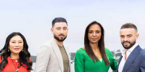 The cast of Luxe Listings Sydney,from left:new agent Monika Tu,buyer’s agent Simon Cohen,real estate agents D’Leanne Lewis and Gavin Rubinstein.