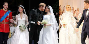 London,London,Paris:Prince William and Princess Catherine in Alexander McQueen by Sarah Burton on their wedding day,April 29,2011;Prince Harry and Meghan,Duchess of Sussex in Givenchy on their wedding day,May 19,2018;Paris Hilton and Carter Ruem on their wedding day,November 11,2021.