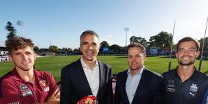 South Australian premier Peter Malinauskas (second from left) promotes Gather Round with Zac Bailey of the Brisbane Lions (to his right),the AFL’s Josh Mahoney and North Melbourne’s Jy Simpkin.