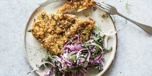 Pub favourite:Chicken schnitzel with cabbage and fennel slaw.