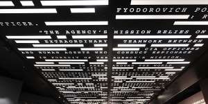 Codes adorn a ceiling in the Central Intelligence Agency’s refurbished museum.