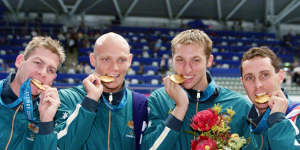 Todd Pearson,Michael Klim,Ian Thorpe and William Kirby celebrated gold for Australia after the 4x200m freestyle relay ... with Fatso.