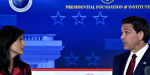 Former US ambassador to the UN Nikki Haley and Florida Governor Ron DeSantis during the Republican candidates’ debate in California.