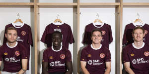 Hearts’ Socceroos contingent grew to four when Garang Kuol (second left) joined Nathaniel Atkinson,Cammy Devlin and Kye Rowles at the Edinburgh club.