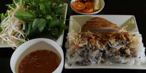 The banh cuon nhan (pork and prawn-filled steamed rice paper rolls).