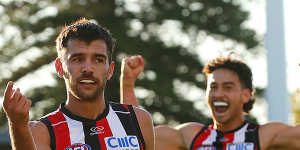 St Kilda teammates Riley Bonner and Mitch Owens celebrate a Saints goal against Richmond at Norwood Oval.