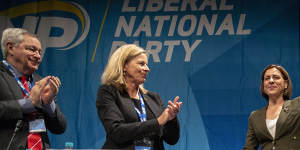 Queensland LNP leader Deb Frecklington (right) at the party's state convention at the Royal International Convention Centre in Brisbane on Sunday. 