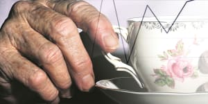 X AFR FIRST USE ONLY. old age generic for afr --- generic health,retirement,elderly,nursing homes,aged care,home care. Photo by ROB HOMER SPECIALX 60305 holding a cup and saucer composite with graphic showing rates of elder abuse