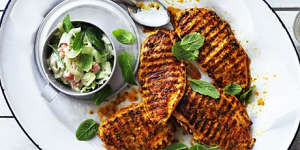Grilled chicken breast with cucumber and yoghurt relish.
