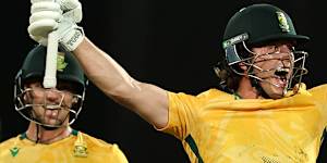 Dewald Brevis of South Africa celebrates after reaching his century. 
