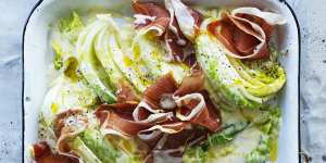 Braised Chinese cabbage with cream sauce and prosciutto.