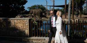 Tahi Cody and Matt Hayward at Taronga Zoo where they will be getting married on Valentines Day in Sydney,after the cancellation of their original plans due to Covid-19. Tahi’s grandfather,Charles “Chick” Cody,was a former zookeeper responsible for the large animals at the zoo and worked there from when he was 14 years old until his death in 1964. 11th February 2021 Photo:Janie Barrett 