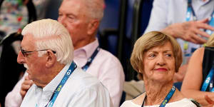 Margaret Court,left,with husband Barry,right,at the Australian Open. 