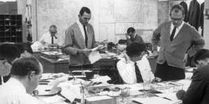 The Herald sub-editors’ desk,seen here in 1968,hadn’t changed much by the time Richard Glover got there in 1983.