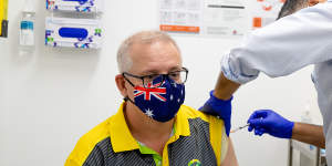 Prime Minister Scott Morrison receiving his second Pfizer jab on Sunday.