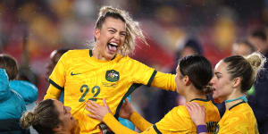 Charli Grant celebrates after scoring in a 2-0 friendly victory over the Lionesses last April.