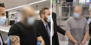 Matthew John Battah,36,and Benjamin Neil Pitt,38,arriving in Sydney last week after being extradited from Dubai to face drug importation and money laundering charges.