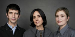 Englert with her cast,Ben Whishaw and Jennifer Connelly,at Sundance in January.