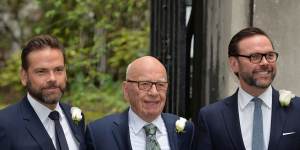 Media Proprietor Rupert Murdoch with his sons James,right,and Lachlan,left.