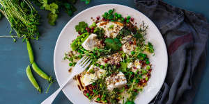 Ricotta,pomegranate and pea salad recipe. Ottolenghi inspired mix and match Middle Eastern share friendly feast recipes for Good Food,October 2019. Images and recipes by KatrinaÃÂ Meynink. Good Food use only.