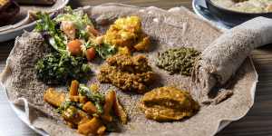 Go-to dish:Beyaynetu vegan platter on injera.