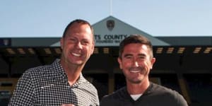 Happier times:Club chairman Alan Hardy (left) with Harry Kewell (right) when the former Socceroo became Notts County manager. 