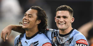 Jarome Luai and Nathan Cleary during Origin II in Townsville in 2021.