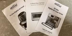 Manuals for the three air fryers Gemima Cody tested. 
