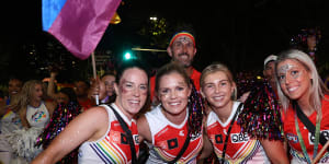 Swans AFLW players Brooke Lochland,Alana Woodward and Maddy Collier at the 2023 Sydney Gay and Lesbian Mardi Gras Parade.