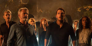 Neill (second from right) as Dr Alan Grant,with Jeff Goldblum,Laura Dern,Bryce Dallas Howard,Chris Pratt,Isabella Sermon and DeWanda Wise in Jurassic World Dominion.