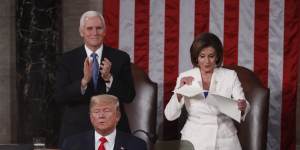 Speaker of the House Nancy Pelosi rips up a copy of President Donald Trump’s State of the Union address in 2017.